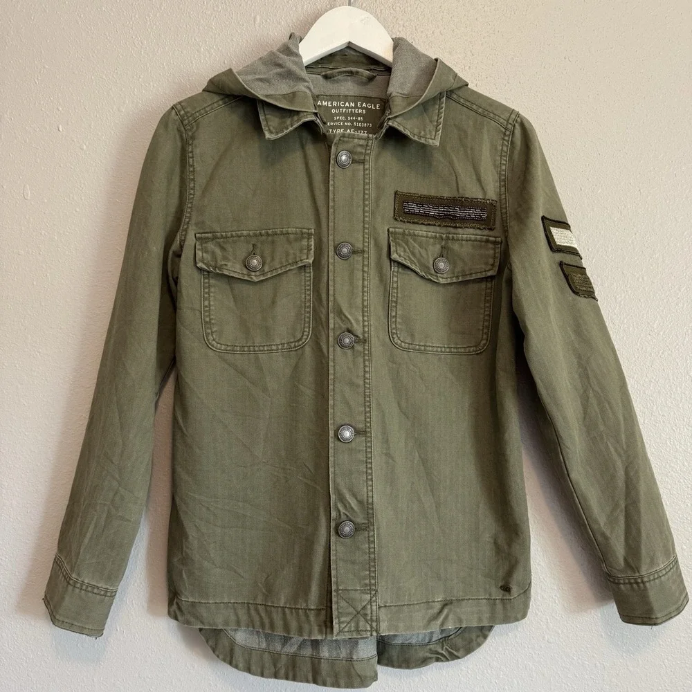 American Eagle  Military Utility Jacket Herringbone Hooded‎ Patch XS Gorpcore